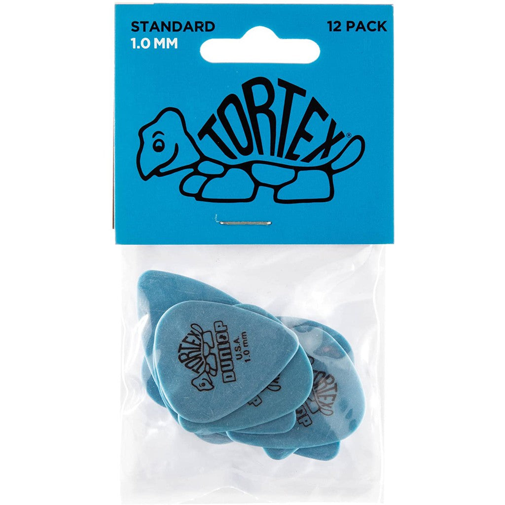 A pack of Dunlop 418P1.0 Tortex Standard blue guitar picks, with 12 pieces in a blister pack, marked as made in the USA.
