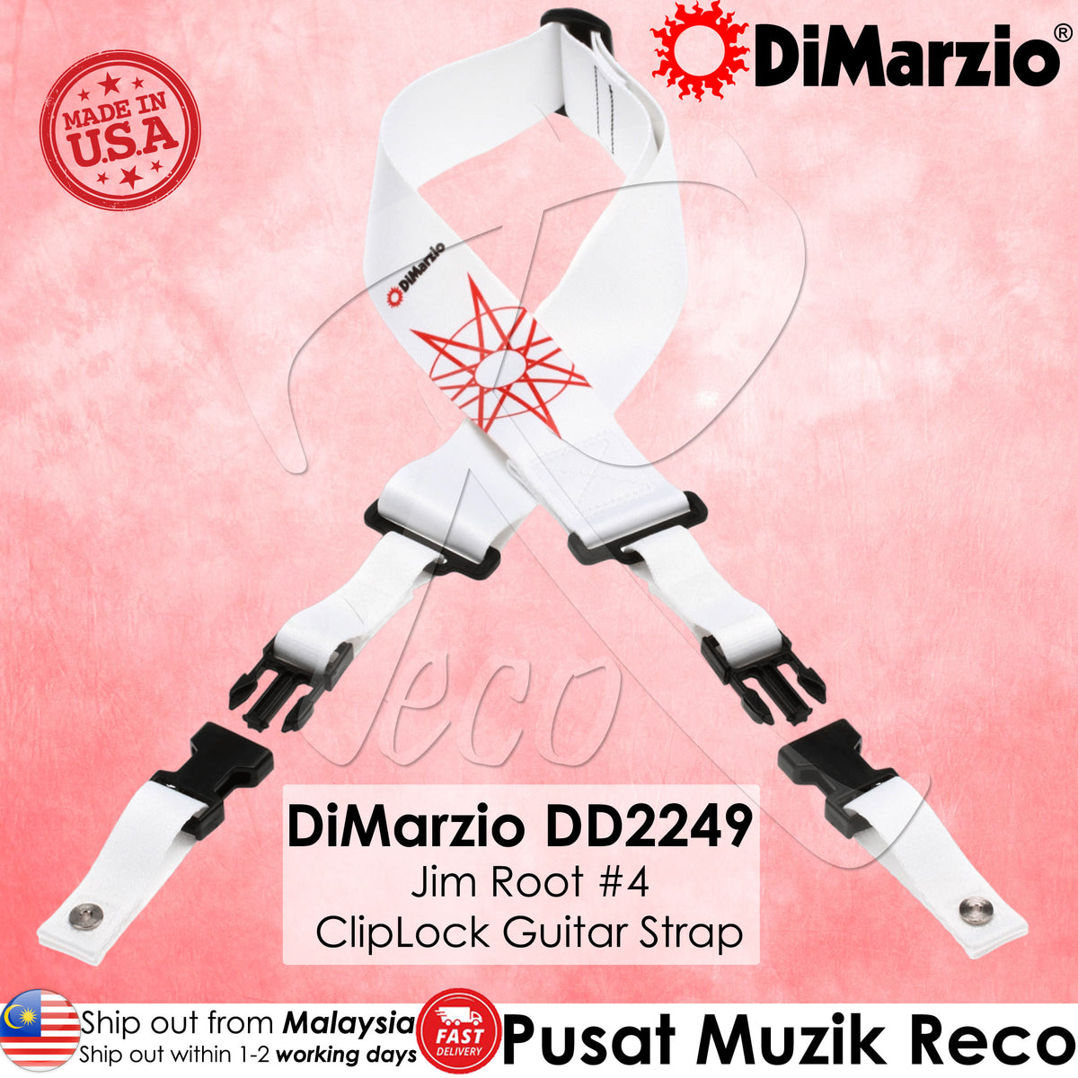 DiMarzio DD2249 Jim Root #4 ClipLock Quick Release Guitar Strap in white, with the brand logo and a signature star design.