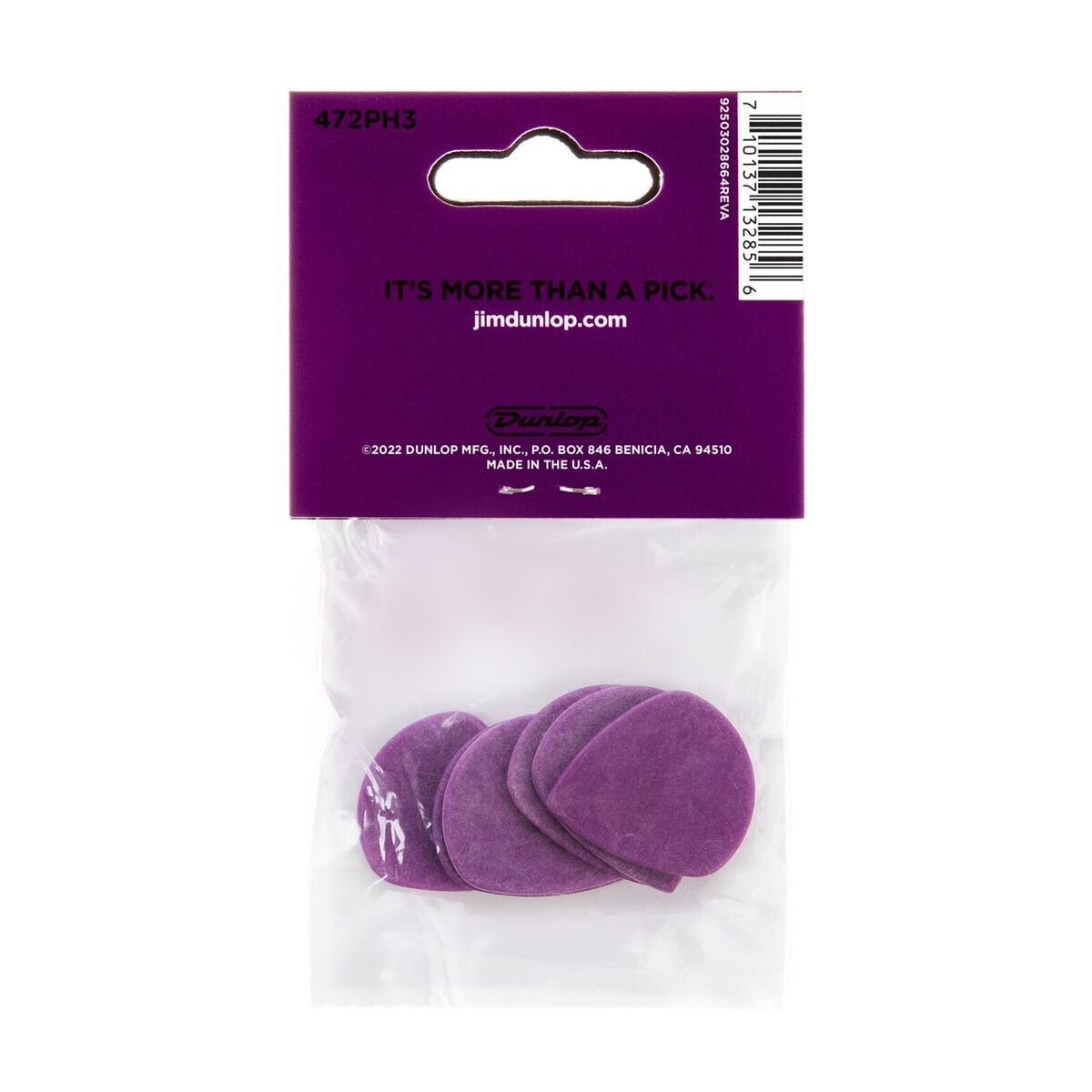 Packaging of Dunlop Tortex Jazz III guitar picks with six pieces per pack, 1.14mm thickness, in a purple color with the Dunlop logo and product information.