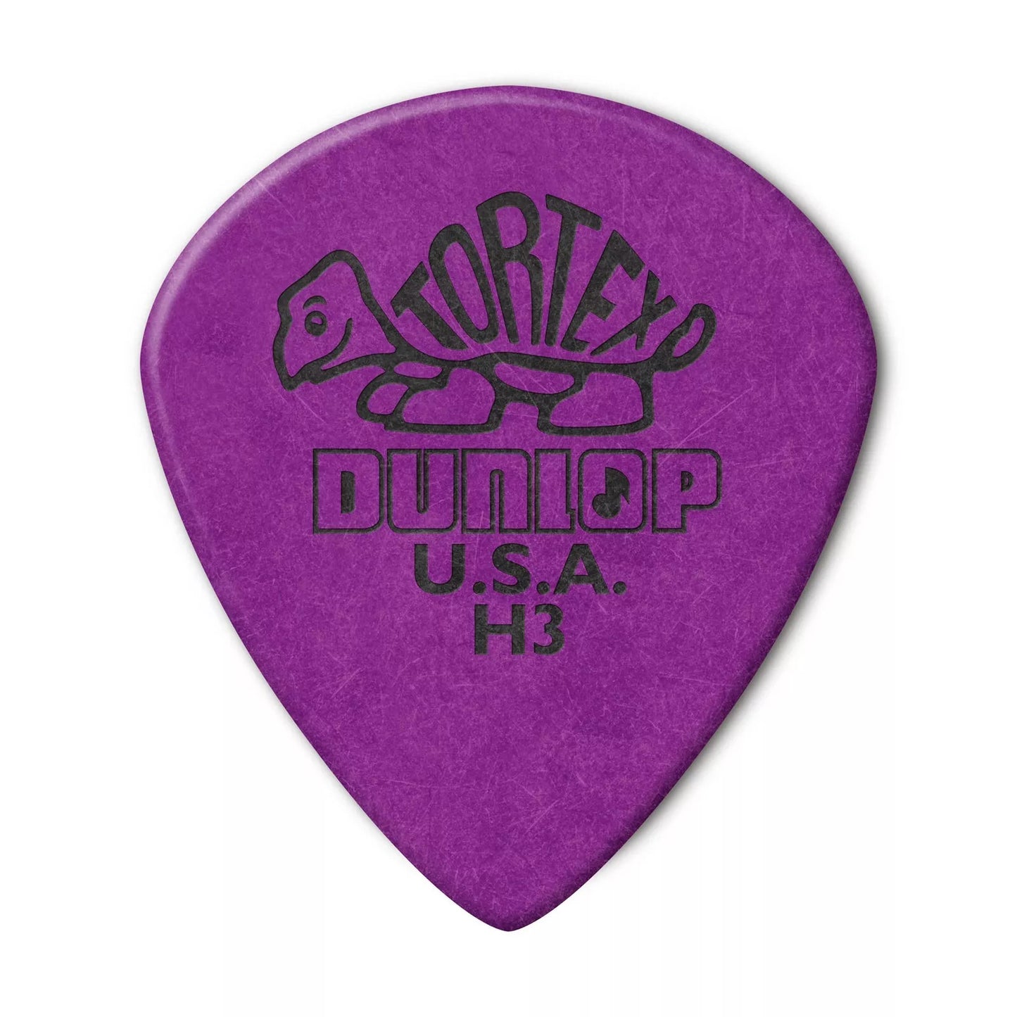 Packaging of Dunlop Tortex Jazz III guitar picks with six pieces per pack, 1.14mm thickness, in a purple color with the Dunlop logo and product information.