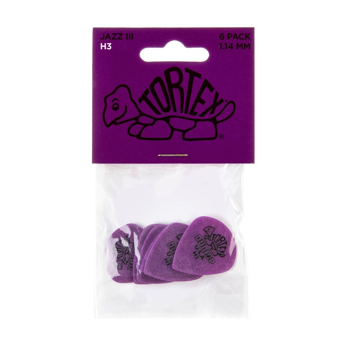 Packaging of Dunlop Tortex Jazz III guitar picks with six pieces per pack, 1.14mm thickness, in a purple color with the Dunlop logo and product information.