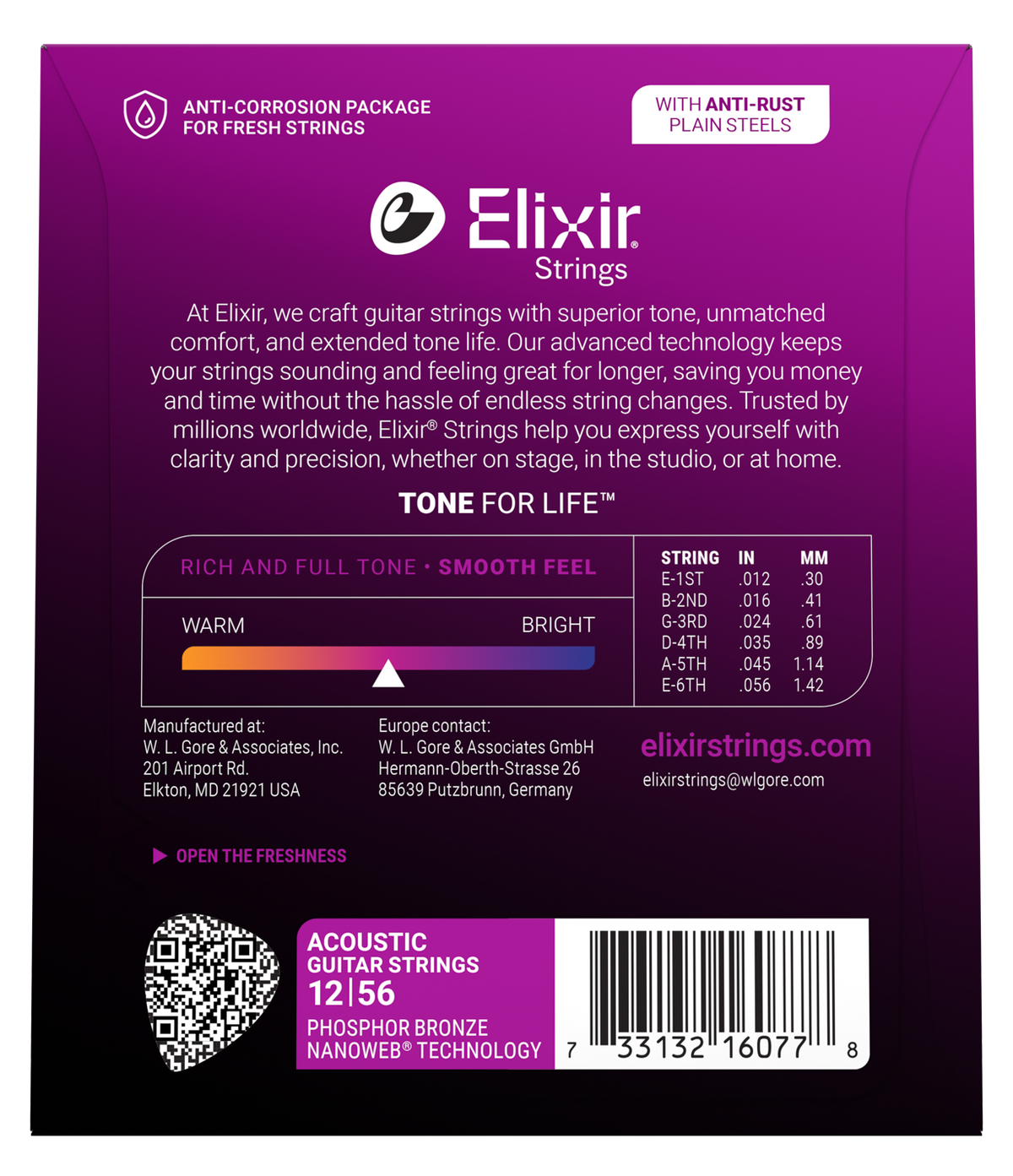Elixir Strings packaging with product details on a purple background