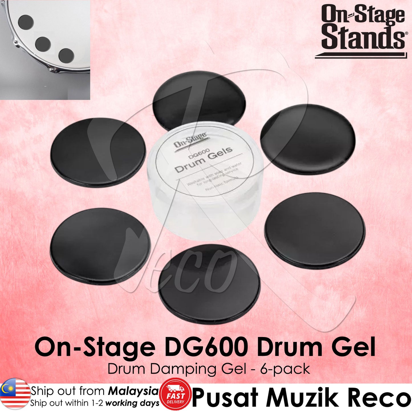 On Stage DG600 Drum Gels Dampening Gel Pads Pack with Container Drum MoonGel Moon Gel Damper Pad - Reco Music Malaysia