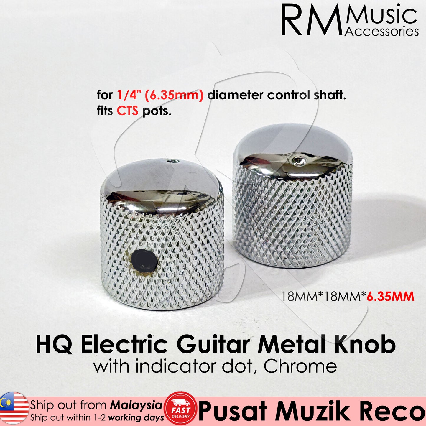 RM HQ CTS Metal Knob 6.35mm Diameter Pot Shaft Volume Tone Control Knob - Reco Music Malaysia