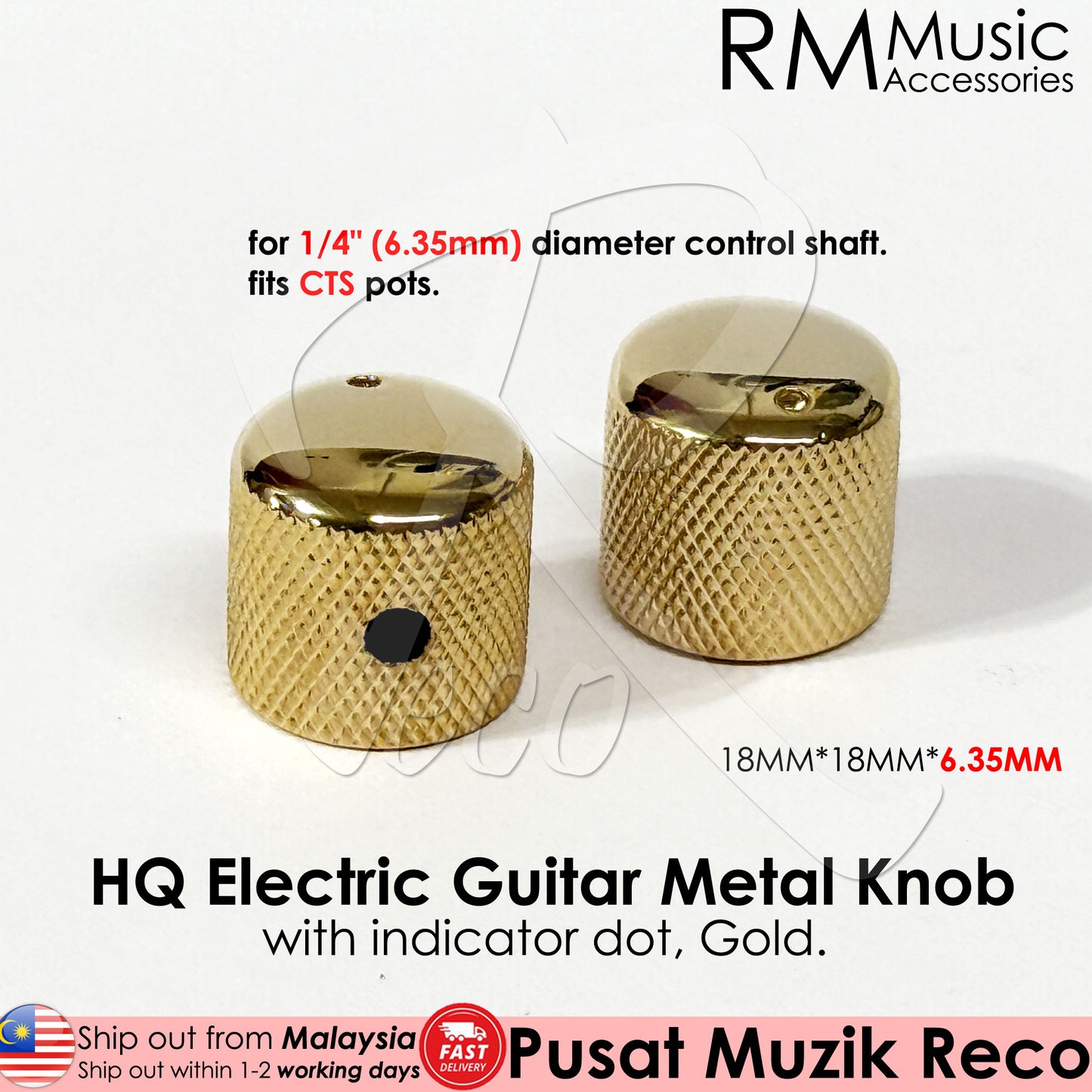 RM HQ CTS Metal Knob 6.35mm Diameter Pot Shaft Volume Tone Control Knob - Reco Music Malaysia
