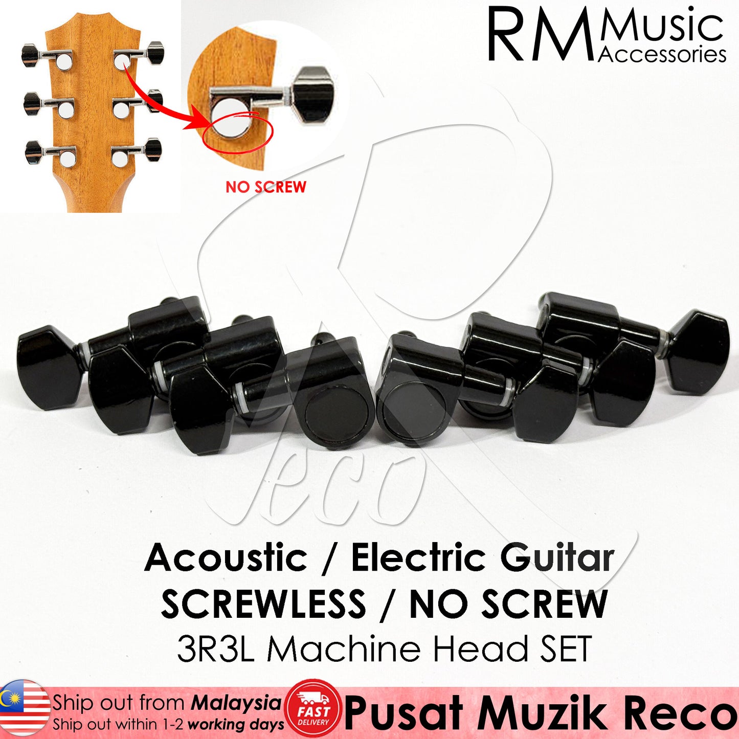 RM SCREWLESS / NO SCREW Acoustic Guitar Machine Head SET Tuning Pegs Tuner 3R3L