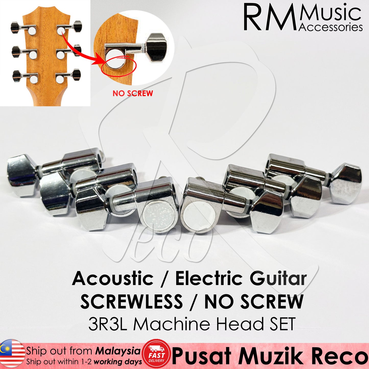 RM SCREWLESS / NO SCREW Acoustic Guitar Machine Head SET Tuning Pegs Tuner 3R3L