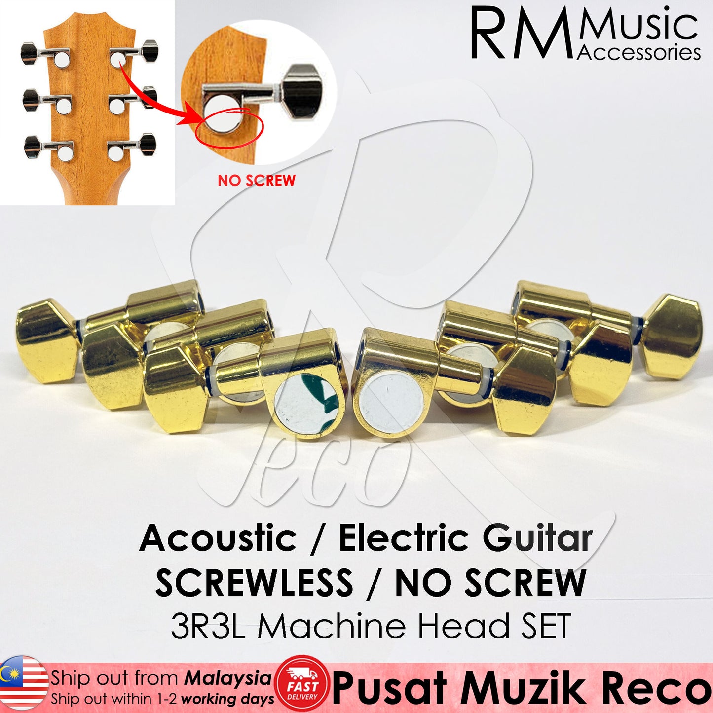 RM SCREWLESS / NO SCREW Acoustic Guitar Machine Head SET Tuning Pegs Tuner 3R3L