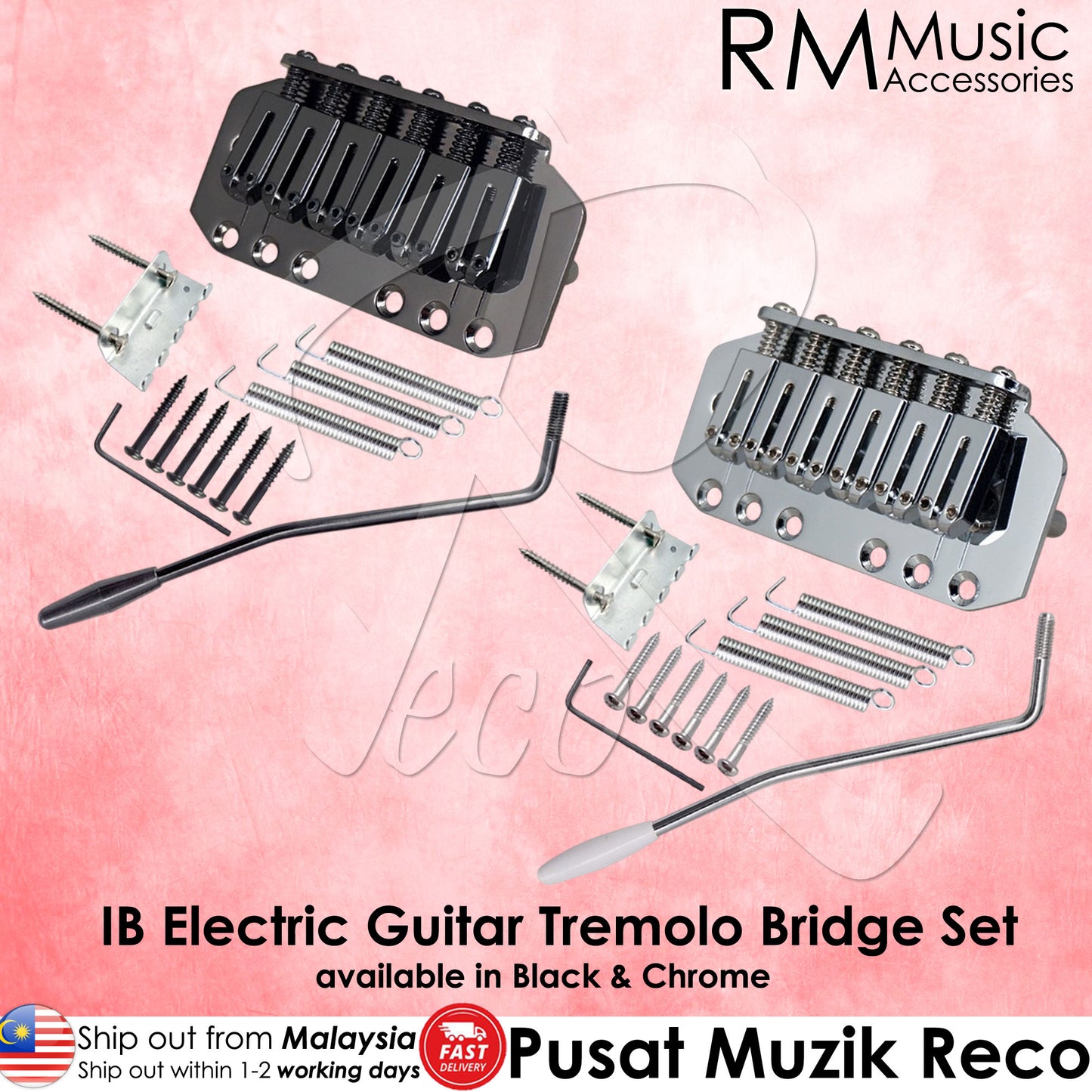 RM RT1499 IB Electric Guitar Tremolo Bridge System Set Chrome / Black - Reco Music Malaysia