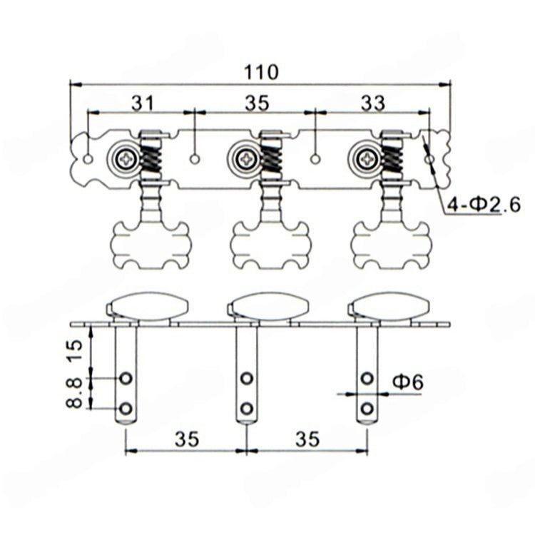 Technical line drawing showing a mechanical assembly with dimension annotations, including measurements such as 110, 31, 35, 33, 8.8, 15, and Ξ¦6.