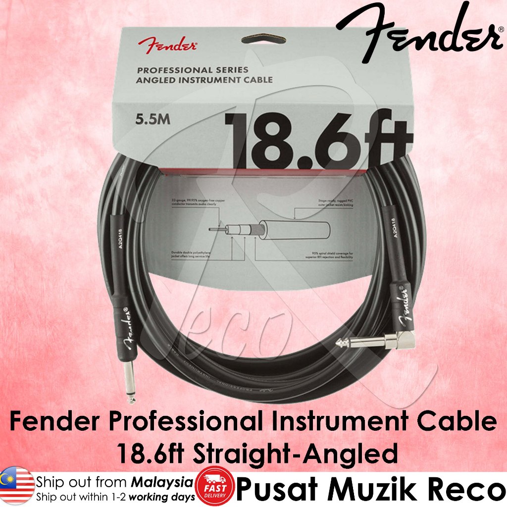 Fender Professional 099-0820-019 Series Angled 18.6Feet (5.5 Metre) Instrument Cable Black - Reco Music Malaysia