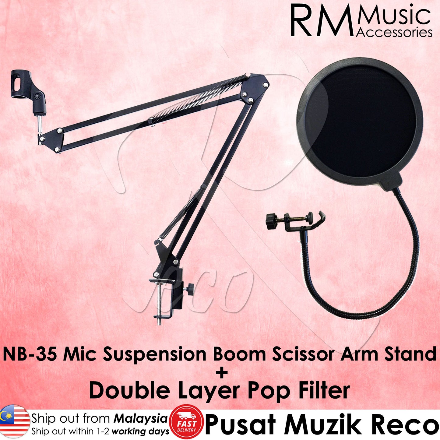 RM NB-35 Microphone Suspension Boom Scissor Arm Desktop Stand + Double Layer Pop Filter Wind Screen - Reco Music Malaysia