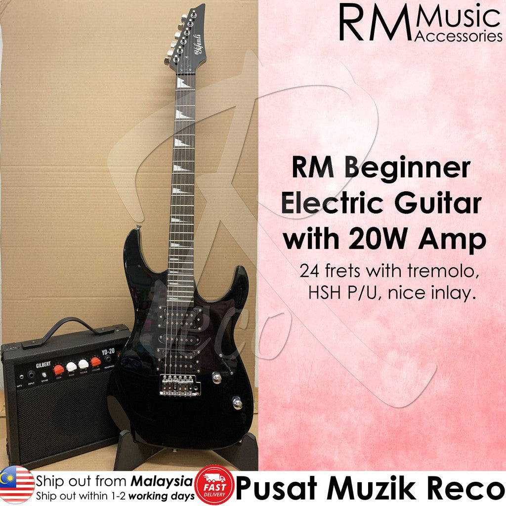 RM Beginner Electric Guitar Package with 20W Guitar Amp 24 frets Electric Guitar with Tremolo & Inlay - Reco Music Malaysia
