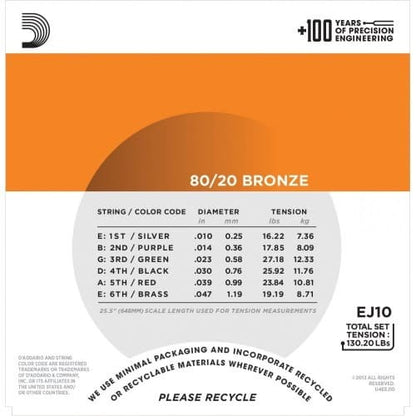 *D'Addario EJ10 80/20 Bronze Acoustic Guitar Strings, Extra Light, 10-47 - Reco Music Malaysia