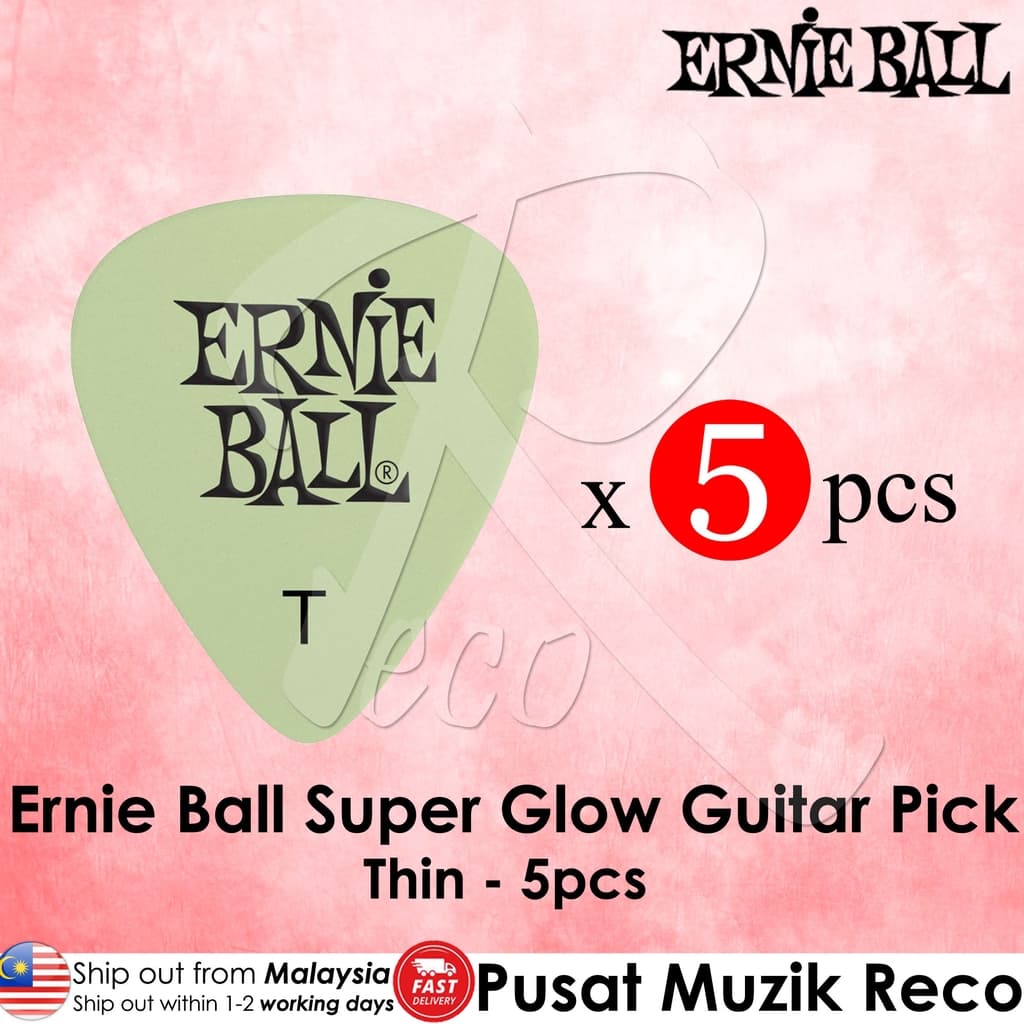 *Ernie Ball P09224 THIN Super Glow Cellulose Guitar Picks, Pack Of 5 - Reco Music Malaysia