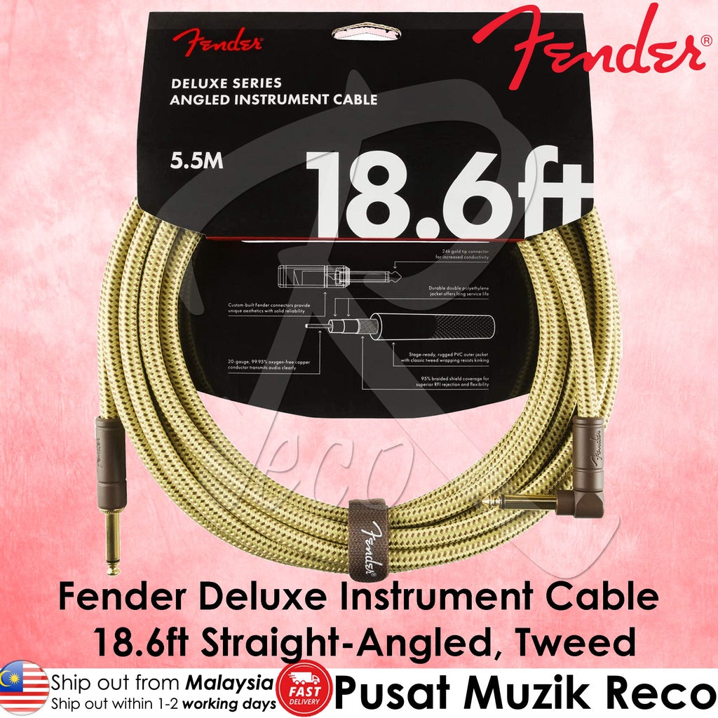 Fender 0990820082 Deluxe Series Angled Instrument Cable, 18.6ft, Tweed - Reco Music Malaysia