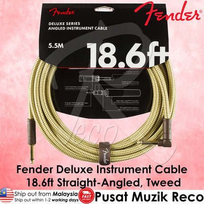 Fender 0990820082 Deluxe Series Angled Instrument Cable, 18.6ft, Tweed - Reco Music Malaysia