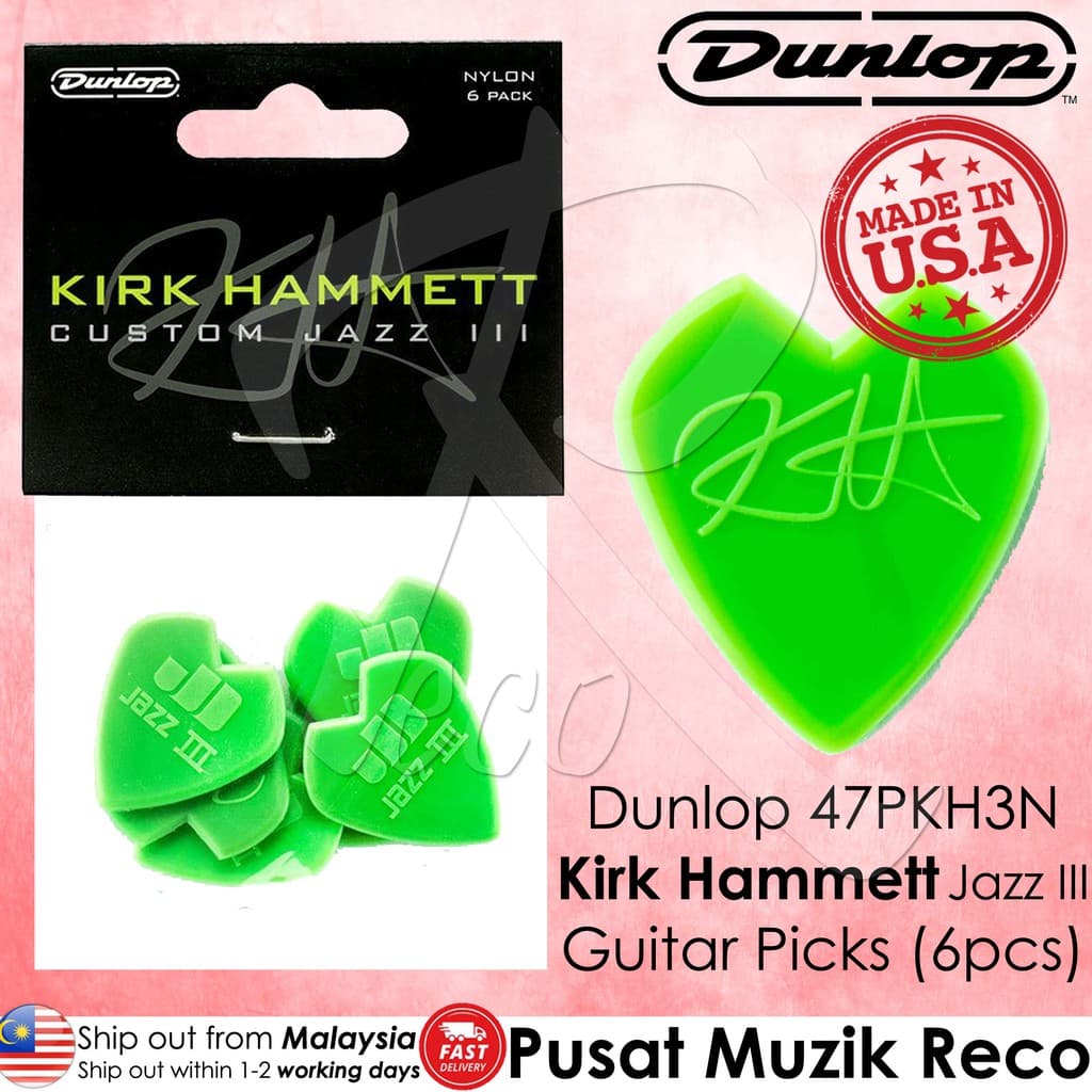 *Jim Dunlop 47PKH3N Kirk Hammett Green Jazz III Picks, 6-Pack - Reco Music Malaysia