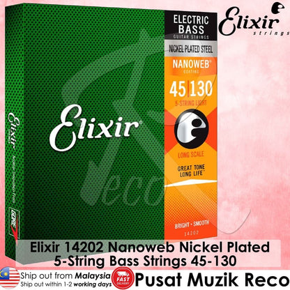 *Elixir String 14202 NANOWEB Coated Nickel Plated Steel 5-String Bass Guitar Strings, Light Gauge, 45-130 - Reco Music Malaysia