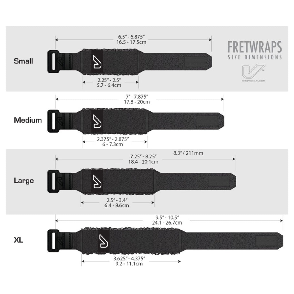 Fretwraps size chart with dimensions for small, medium, large, and XL sizes on a white background.