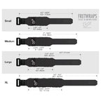 Fretwraps size chart with dimensions for small, medium, large, and XL sizes on a white background.