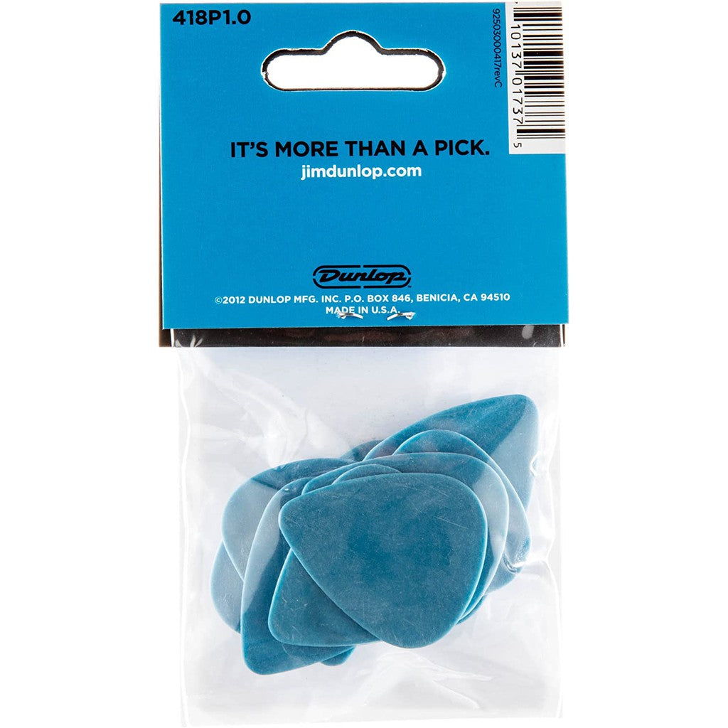 A pack of Dunlop 418P1.0 Tortex Standard blue guitar picks, with 12 pieces in a blister pack, marked as made in the USA.