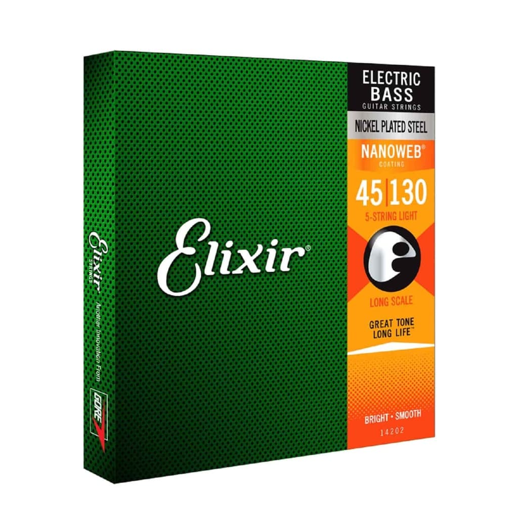 *Elixir String 14202 NANOWEB Coated Nickel Plated Steel 5-String Bass Guitar Strings, Light Gauge, 45-130 - Reco Music Malaysia