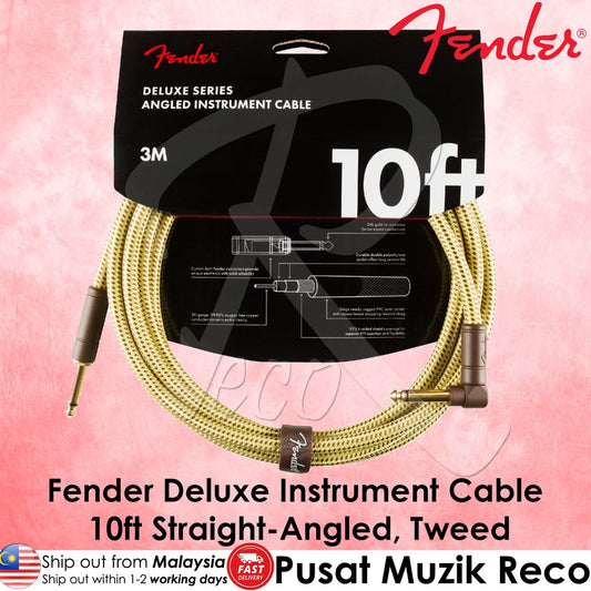 Fender 0990820091 Deluxe Series Angled Instrument Cable, 10ft Tweed - Reco Music Malaysia