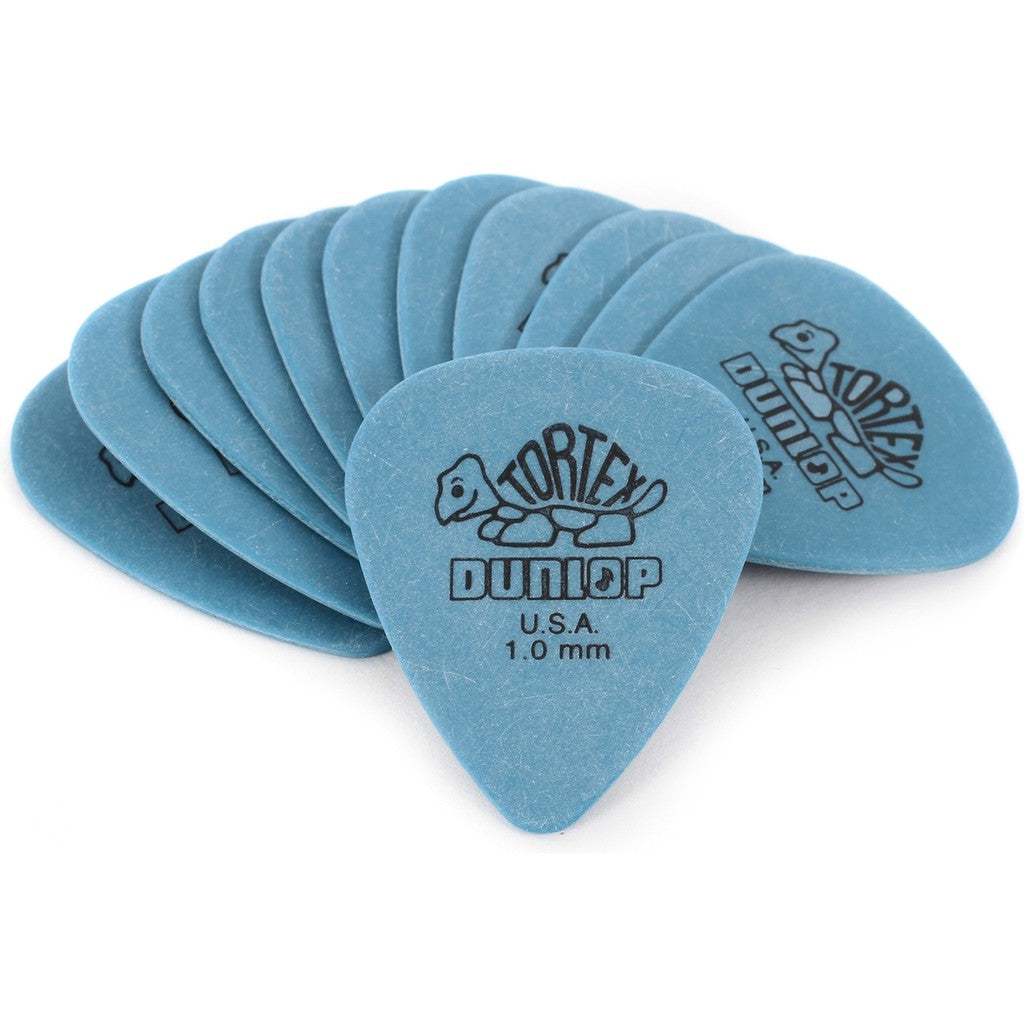A pack of Dunlop 418P1.0 Tortex Standard blue guitar picks, with 12 pieces in a blister pack, marked as made in the USA.