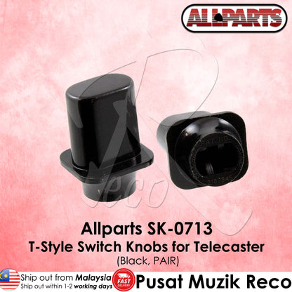 Black T-Style switch knobs for Telecaster on a pink background with Allparts branding.