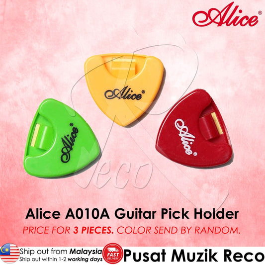 Three triangle-shaped guitar pick holders in green, yellow, and red, with the Alice brand logo on them, displayed against a pink background.