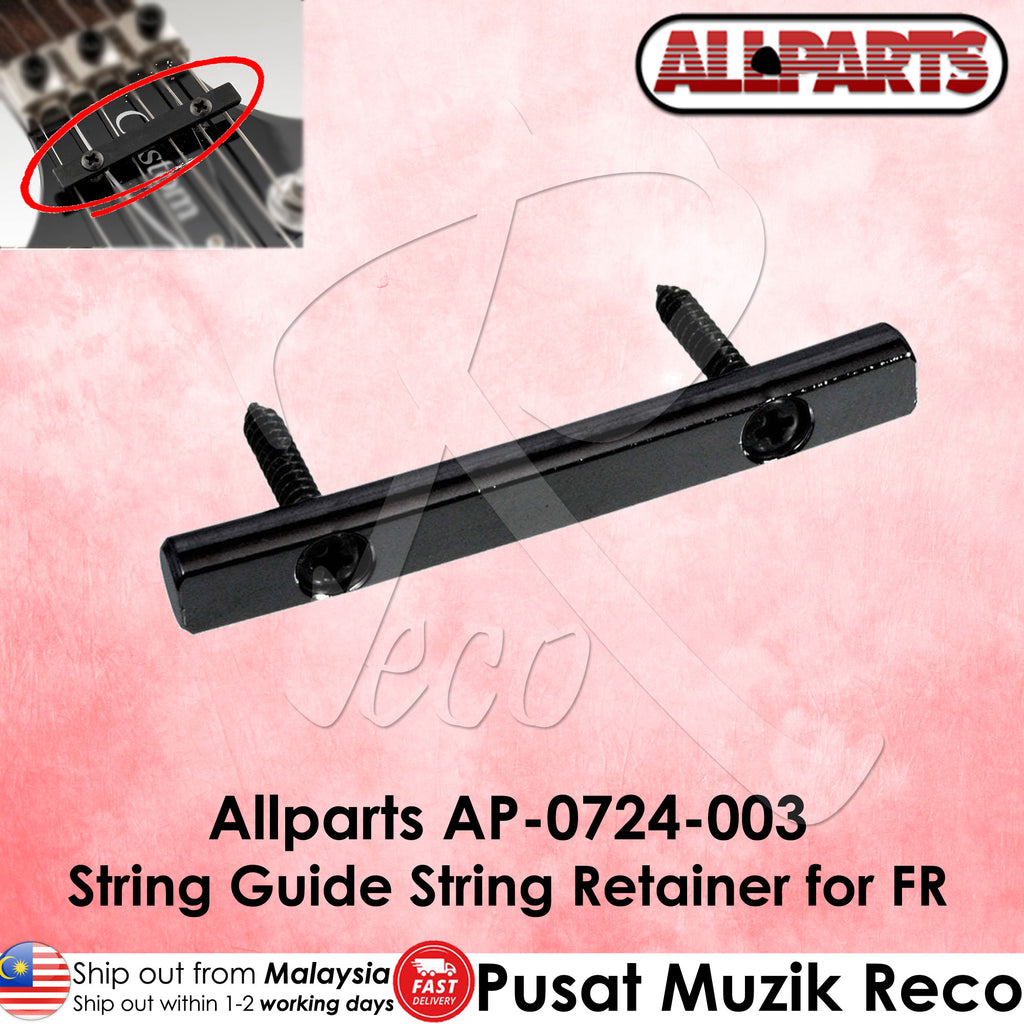 Black guitar string guide retainer with 'Allparts' branding on a pink background
