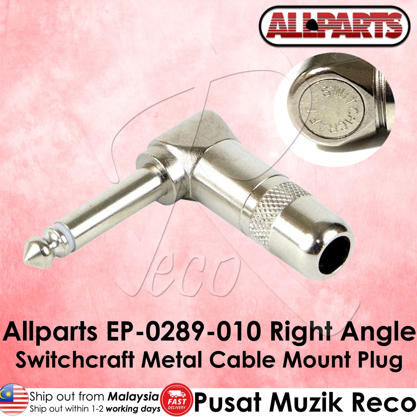 Allparts EP-0289-010 Right Angle Switchcraft® 1/4 Mono Male Cable Mount Plug Connector for Guitar Bass Cable Repair