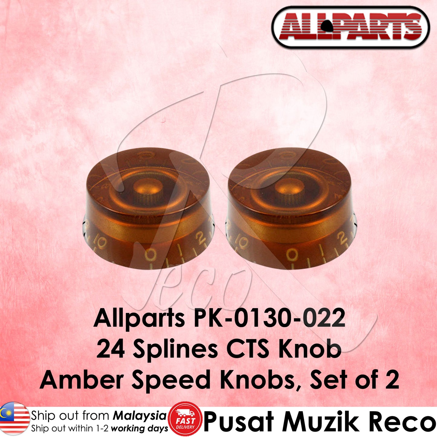 Allparts PK-0130-022 24 Spline CTS Knob Electric Guitar Amber Vintage Style Speed Knobs Volume Tone Knob