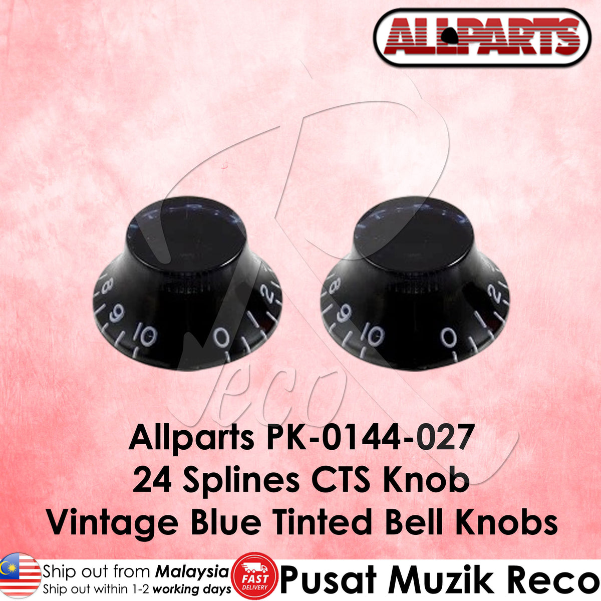 Two black knobs with white markings on a pink background, featuring the Allparts logo.