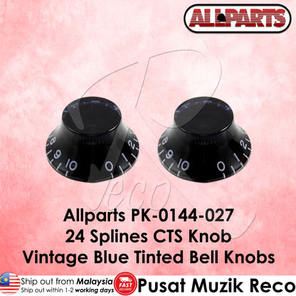 Two black knobs with white markings on a pink background, featuring the Allparts logo.