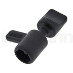 A black plastic 90-degree elbow adapter with a ribbed cooling vent on one end and a textured grip on the other, shown on a white background.