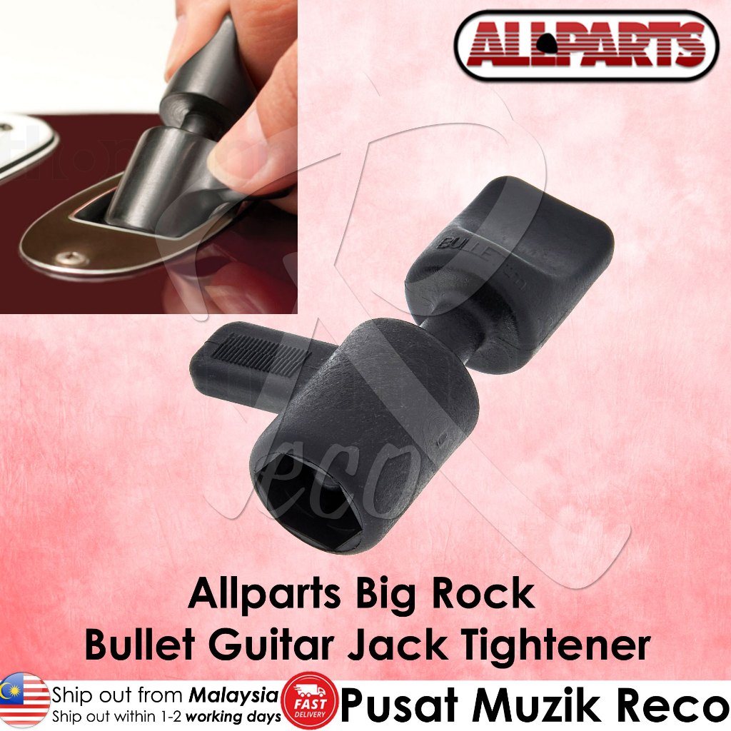 A black Allparts Big Rock Bullet Guitar Jack Tightener shown on a pink background with an inset photo of a hand using the tool on a guitar jack. The Allparts logo is visible at the top right, and text at the bottom identifies the product.