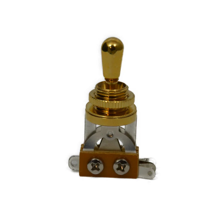 A small gold-toned toggle switch with a polished metal lever, knurled adjustment collar, clear glass or plastic window, and a copper-colored base with two silver screws, shown on a plain white background.