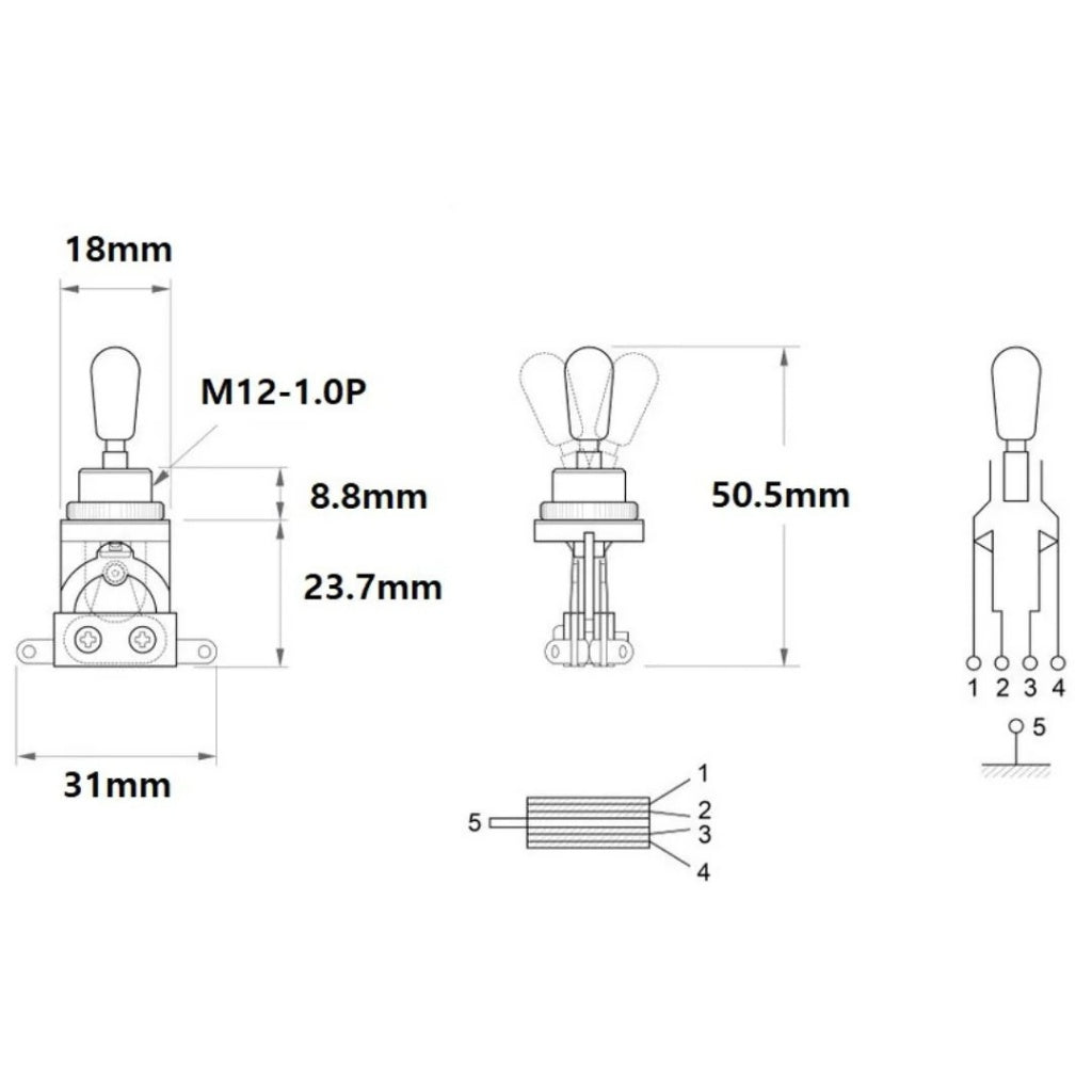 Technical dimension diagram of a 5-pin automotive light bulb, showing front, side, and cross-sectional views with measurements in millimeters and terminal labels 1, 2, 3, 4, 5.