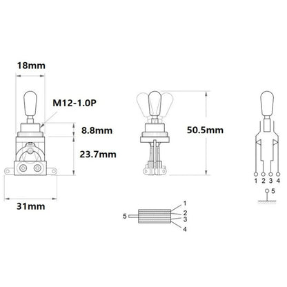 Technical dimension diagram of a 5-pin automotive light bulb, showing front, side, and cross-sectional views with measurements in millimeters and terminal labels 1, 2, 3, 4, 5.