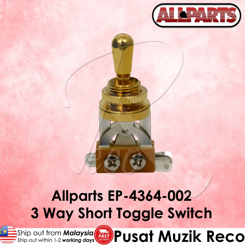 A 3-way short toggle switch with a polished gold metal lever and brass base, shown against a pink textured background with 'Allparts' branding and product text overlays.