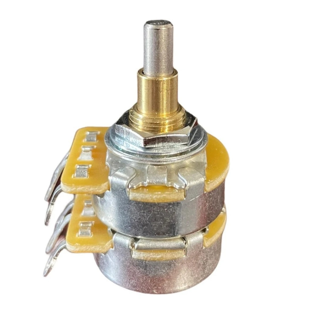 Potentiometer with metal shaft and gold-colored components on a white background