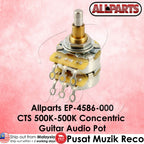 A CTS 250K-500K concentric guitar audio pot by Allparts, featuring a silver metal body, gold-toned inner components, and three silver leads, set against a pink textured background with product text overlays.