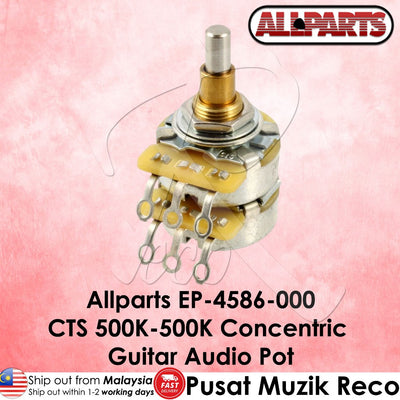 A CTS 250K-500K concentric guitar audio pot by Allparts, featuring a silver metal body, gold-toned inner components, and three silver leads, set against a pink textured background with product text overlays.
