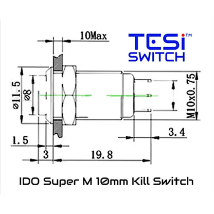 Technical drawing of an IDO Super M 10mm Kill Switch with dimensions and TESI Switch branding.