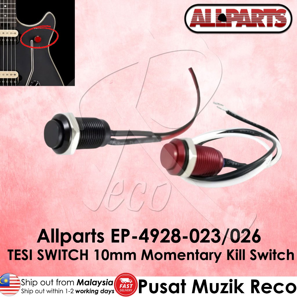 Guitar switch with wiring on a pink background, featuring Allparts branding.