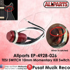 Allparts TESI SWITCH 10mm Momentary Kill Switch with close-up and product details on a pink background.
