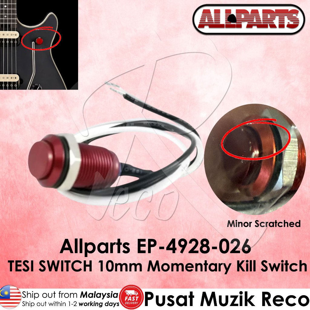 Allparts TESI SWITCH 10mm Momentary Kill Switch with close-up and product details on a pink background.