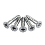 Five silver metal self-tapping wood screws arranged in a fan shape on a plain white background.